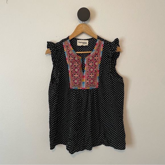 Savanna Jane Tops - Savanna Jane Black Polka Dot Embroidered Flutter Sleeve Top Size Large